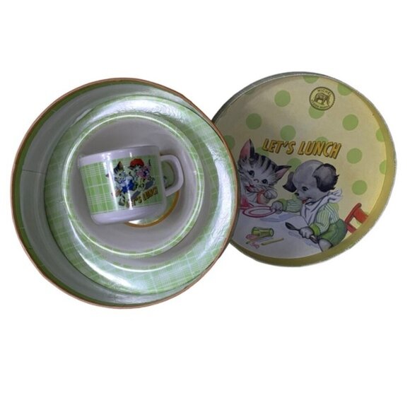 Michel Design Works Baby’s First Plate Set Feeding Boxed Plaid Set Green White - Picture 3 of 16